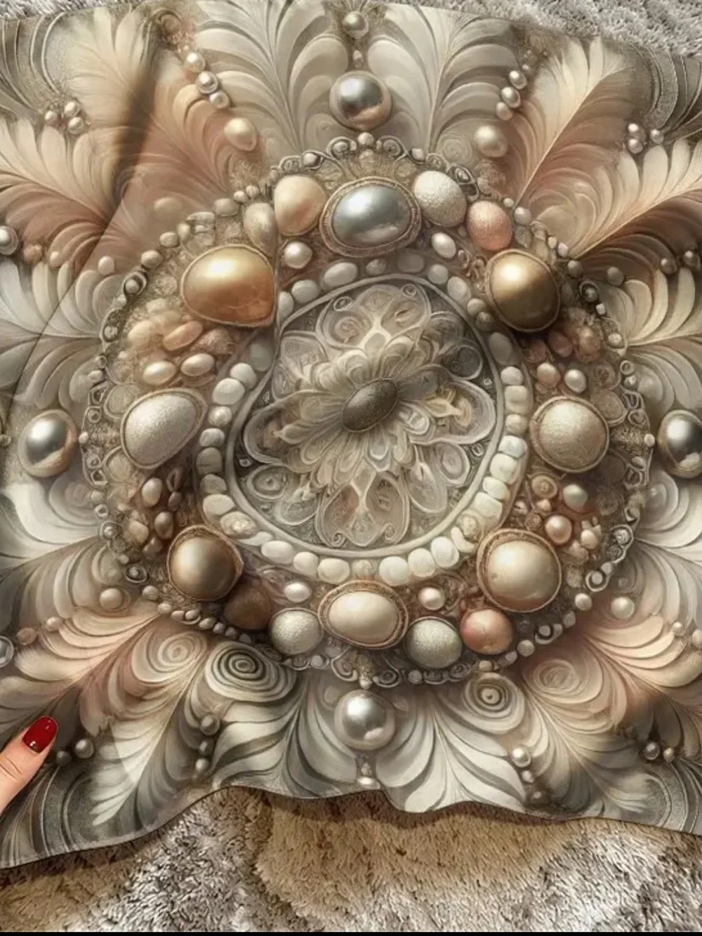 Decorative Pearl Motif Silk-Blend Scarf in Neutral Tones